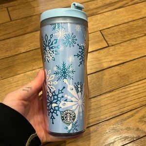 Blue and white Starbucks travel mug